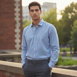 Izod Men's Blue Gingham Button Down Shirt 100% Cotton